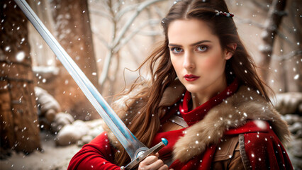 Woman holding sword in the winter forest. Dramatic fantasy woman gripping sword in battle