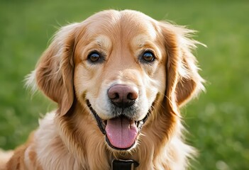A close-up of a happy golden retriever outdoors, with a big smile on its face