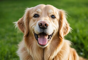 A close-up of a happy golden retriever outdoors, with a big smile on its face