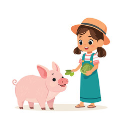 happy cute kid girl feeding cute pig vector