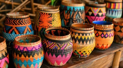 A series of small beseks with vibrant hand-painted designs on bamboo. Each basket has unique patterns, arranged on a wooden surface with soft lighting highlighting the craftsmanship