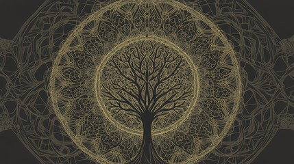 Intricate Golden Tree of Life Design, Detailed Line Art, Spiritual Mandala Artwork
