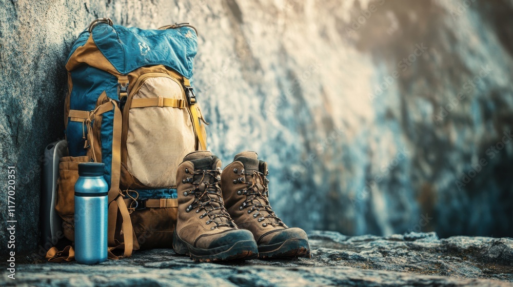 Poster essential backpacking gear for outdoor adventures in rugged terrain with ample space for text and br