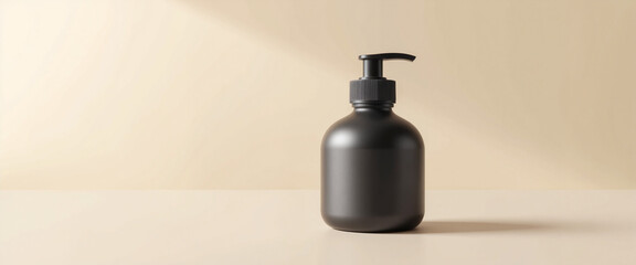 Round Bottle Mockup, Black pump bottle on minimalistic beige background