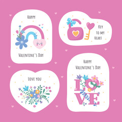 A set of Valentine's Day sticker icons: a rainbow, keys to the heart, and a bouquet of flowers on a pink background