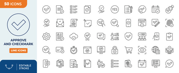 Approve and checkmark icon set. Outline Icon Collection. Vector illustration. Editable stroke