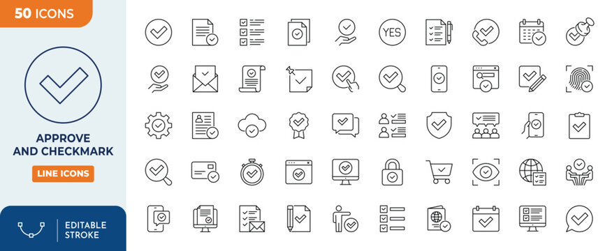 Approve and checkmark icon set. Outline Icon Collection. Vector illustration. Editable stroke