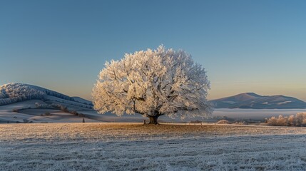 Heart shaped tree standing tall in a frosty meadow beneath a bright, clear blue sky landscape