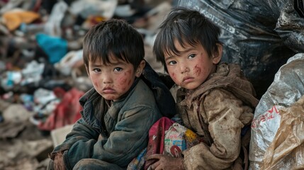Children in tattered clothes highlight the harsh realities of poverty and inequality in urban environments