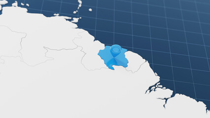 Blue Suriname 3d map with pointer pin surrounded with other countries in white. Political map with borders. 3d render illustration