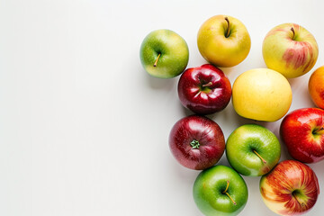 A small cluster of mixed apples in different colors, arranged neatly on a crisp white backdrop.