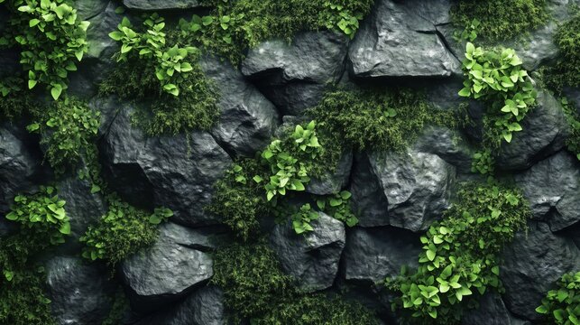 Dark stone wall with green moss and climbing plants growing between cracks