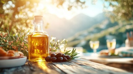 A warm, sunny scene displays a glass bottle of golden olive oil beside plump, black olives on a rustic wooden table, capturing a Mediterranean ambiance.