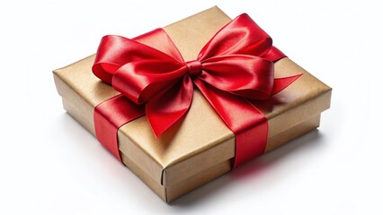 Obraz premium Vintage Gift Box with Red Ribbon Bow - Aerial View, Isolated on White Background