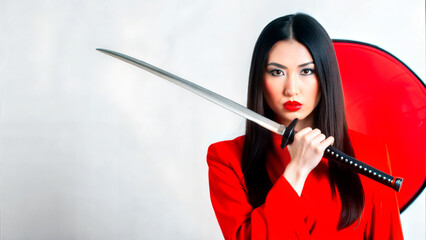 Strong woman holding a katana with a red umbrella in a striking pose 