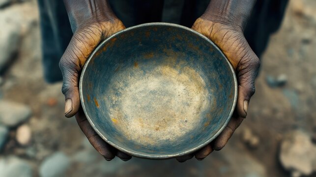 Struggling against hunger and poverty with empty bowls in desperate hands during a challenging time