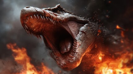 A terrifying dinosaur roars amidst intense flames, showcasing its ferocity and dominance in a scene...