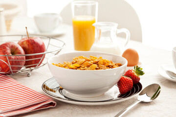 Healthy breakfast with cereals, fruit and orange juice