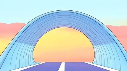 Vibrant Pastel Illustration: Archway Leading to Sunset, Digital Painting in a Smooth Minimalist Style. AI Generated