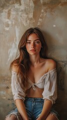 Naklejka premium Portrait of a young woman sitting against a rustic wall, wearing casual attire.
