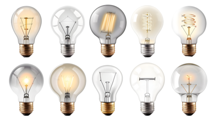 Set collection of transparent classic light bulb switched on and off white background. lighbulb energy idea business concept isolated on a transparent background