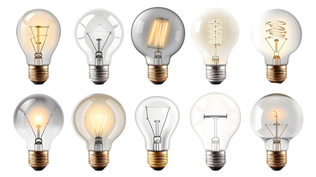 Set collection of transparent classic light bulb switched on and off white background. lighbulb energy idea business concept isolated on a transparent background