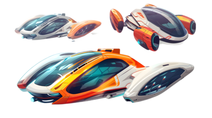 Set futuristic illustration of a flying car, collection eco-friendly transport of the future isolated on a transparent background