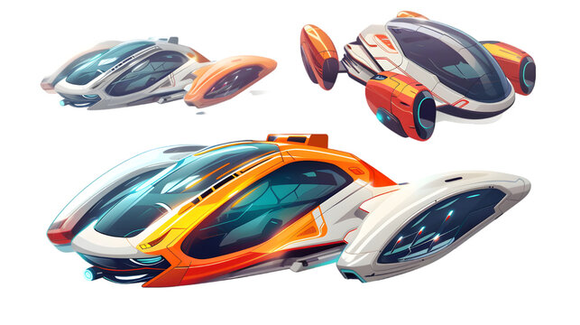 Set futuristic illustration of a flying car, collection eco-friendly transport of the future isolated on a transparent background