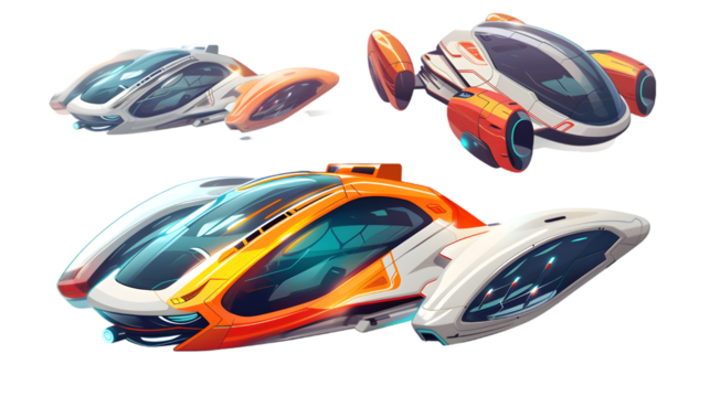 Set futuristic illustration of a flying car, collection eco-friendly transport of the future isolated on a transparent background
