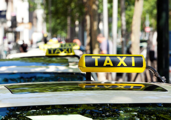 german taxi cabs waiting in line, focus on taxi sign