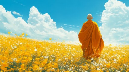 Fototapeta premium Monk Contemplating in a Yellow Flower Field