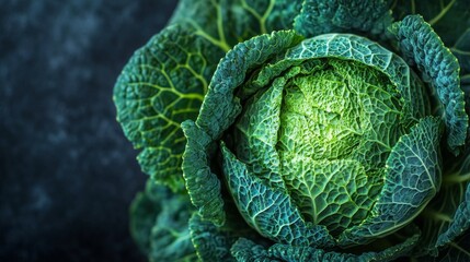 Obraz premium Fresh green cabbage and mint leaves on a dark surface with moisture droplets