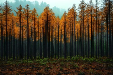 Fototapeta premium A serene autumn forest with tall trees and vibrant colors.