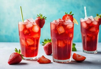 A close-up of a refreshing red drink with strawberry slices and a lemon wedge garnish
