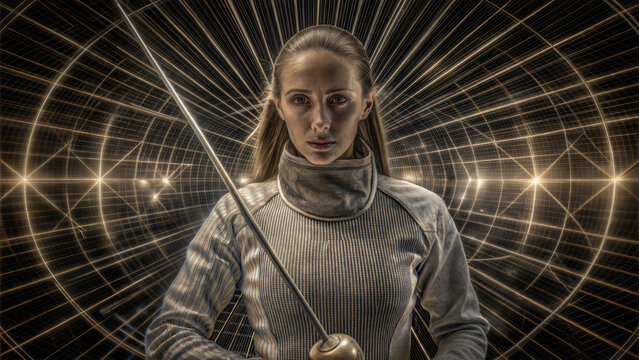 Determined woman holding a fencing sword with a mesmerizing light background 