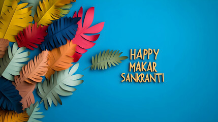Obraz premium Colorful paper tropical leaves forming a festive border on a vibrant blue background, celebrating the joyous occasion of Makar Sankranti, a traditional Indian harvest festival
