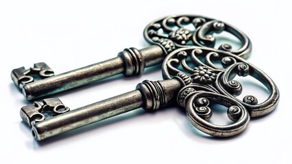 Vintage Silver Keys, Antique Key Pair, Old Keys Isolated,  Retro Key Image,  Grunge Keys Background