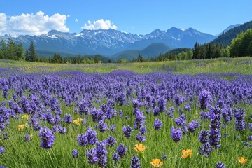 Fototapeta premium Scenic lavender fields with mountains in the background on a sunny day