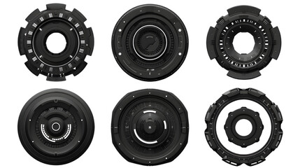 set of six black transforming polygonal plexus dots figure, glowing spheres, particles, retro futuristic sci-fi minimalistic design, bokeh soft focus isolated on a transparent background