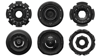 set of six black transforming polygonal plexus dots figure, glowing spheres, particles, retro futuristic sci-fi minimalistic design, bokeh soft focus isolated on a transparent background