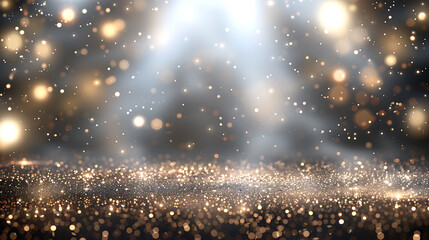 Abstract gold bokeh fall on dark background. Shiny vintage white lantern light.