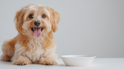 Fluffy lapdog dog sits near empty bowl and waits for food, looks at camera isolated on plain background. Animal and diet. Pet care and feeding.