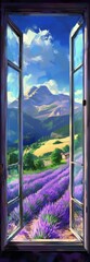 Lavender Fields Viewed Through Open Window, Mountain Vista