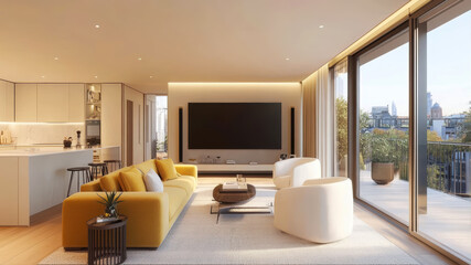 Fototapeta premium Modern Light and Airy Home Cinema Room With Comfortable Seating and Large Television