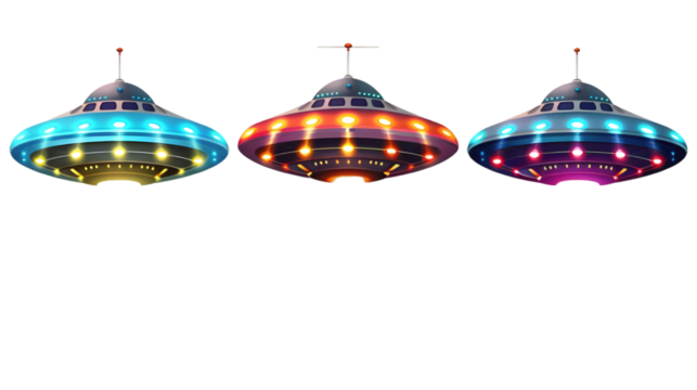 Set of UFO with abduction beam isolated on a transparent background