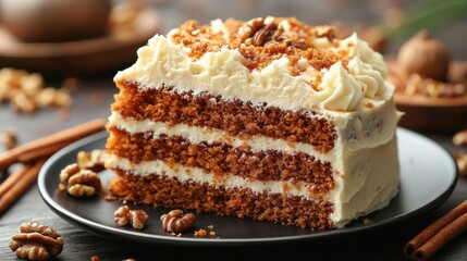 Deliciously layered cake with creamy frosting and walnut topping on wooden serving board