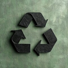 3D textured black recycling symbol on a green textured background.