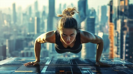 Fototapeta premium Fit Woman Doing Push-Ups in Cityscape