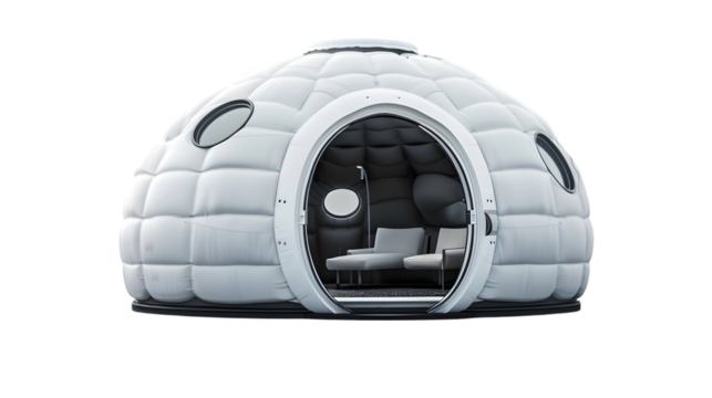 Space base spherical tent, white round plastic round shaped building isolated on a transparent background