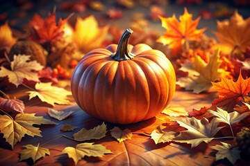3D Rendered Pumpkin Flat Lay: Halloween Autumn Leaves & Shadows Stock Photo